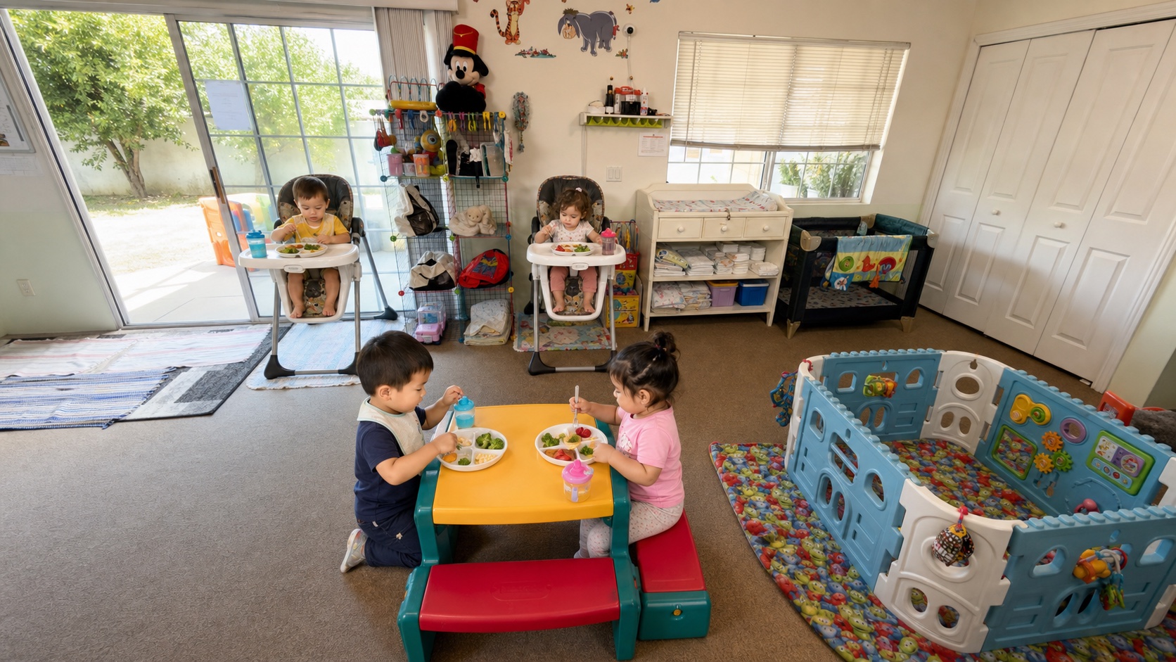 Representative children eating healthy food at the daycare highchairs and child-size table.